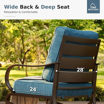 MFSTUDIO 5 Pieces Patio Conversation Sets, 7 Seats Metal Patio Furniture Sets with 1 x 3-Seat Sofa, 2 x Sofa Chairs, 2 x Ottoman, All Weather Patio Sets with 5.75inch Peacock Blue Cushion for Garden