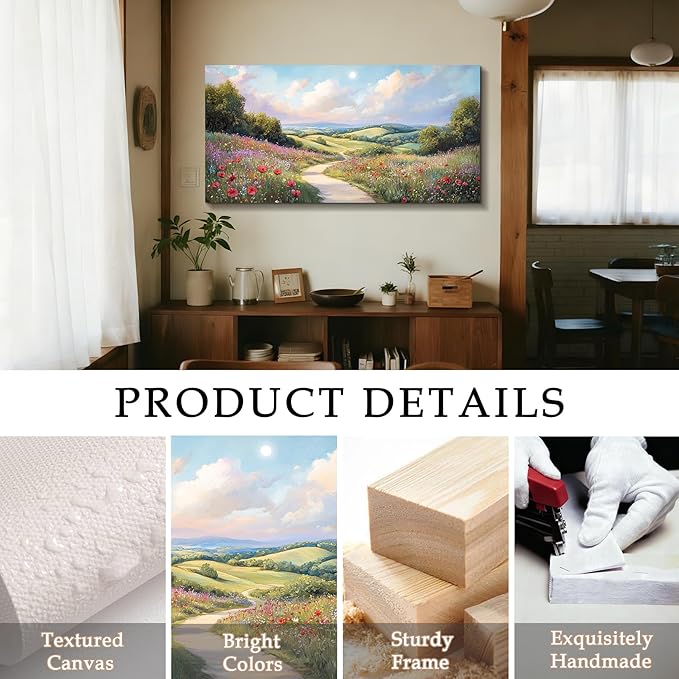 SERIMINO Oversized Wall Art, Landscape Wall Art, Rustic Green Scenic Decor, Spring Wildflowers Picture Prints, Hillside Grassland Paintings for Living Room Bedroom Dining Room Hallway Farmhouse Hotel 29"x57"