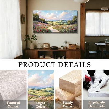 SERIMINO Oversized Wall Art, Landscape Wall Art, Rustic Green Scenic Decor, Spring Wildflowers Picture Prints, Hillside Grassland Paintings for Living Room Bedroom Dining Room Hallway Farmhouse Hotel 29"x57"