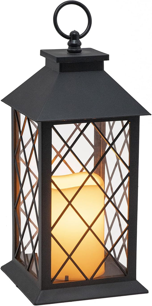 YAKii 13" Decorative Candle Lantern with LED Flameless Candle and Timer, Plastic LED Candle & Holder, Indoor & Outdoor Hanging Lights Thanksgiving &Christmas Day Decorations (Black)