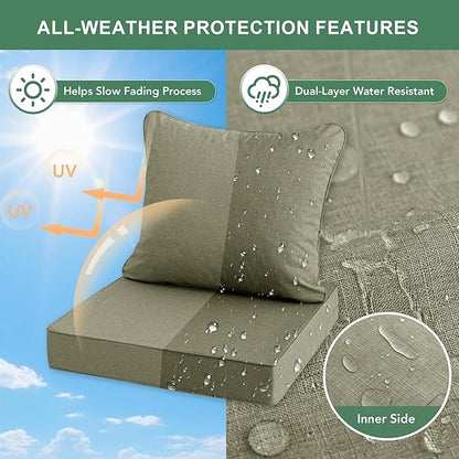 Summsun Water Resistant Outdoor Chair Cushions, Faux Linen Backrest and Deep Seat Cushion Set with Ties, Removable Cover, Non-Slip Bottom for Patio Furniture, 24 x 24 Inch, Mocca Green, Set of 2