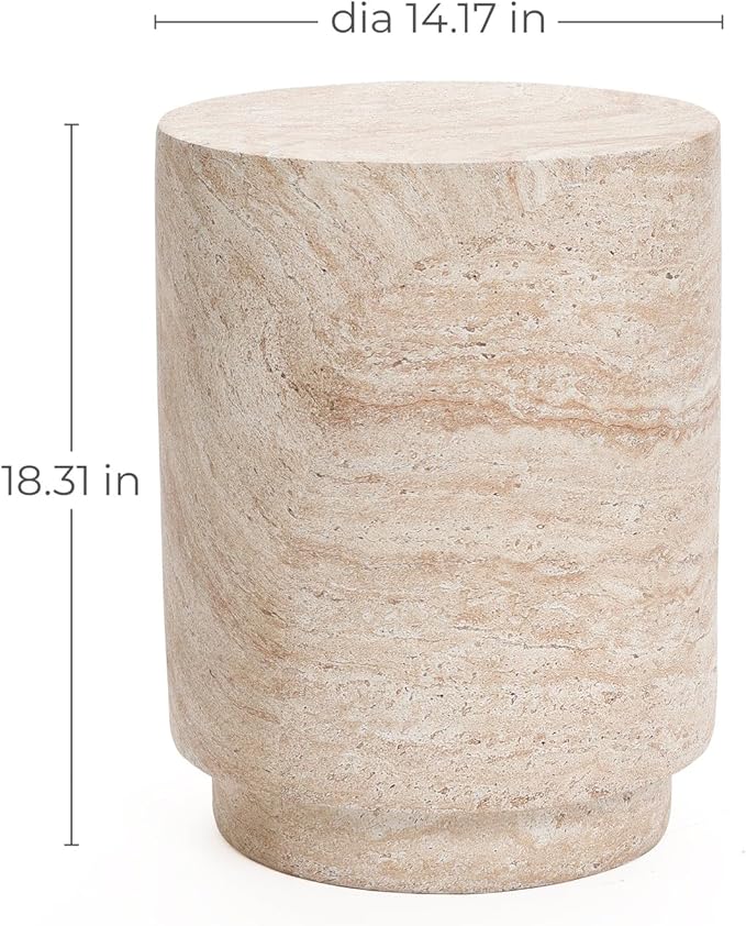 LuxenHome Outdoor Side Table, 18'' Travertine-Style Round Textured Cement Accent End Table, Outdoor Furniture for Patio Balcony Porch, Garden Stool for Backyard Lawn