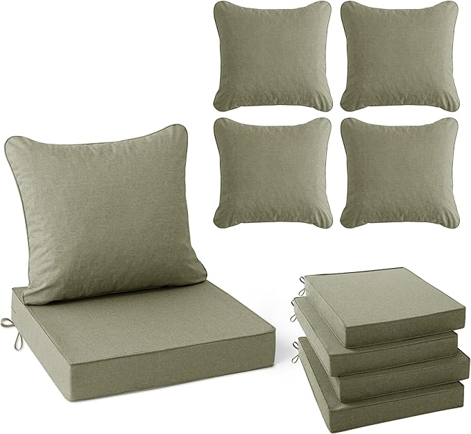 Summsun Water Resistant Outdoor Chair Cushions, Faux Linen Backrest and Deep Seat Cushion Set with Ties, Removable Cover, Non-Slip Bottom for Patio Furniture, 22 x 22 Inch, Mocca Green, Set of 4