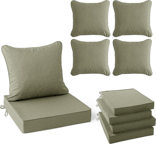 Summsun Water Resistant Outdoor Chair Cushions, Faux Linen Backrest and Deep Seat Cushion Set with Ties, Removable Cover, Non-Slip Bottom for Patio Furniture, 22 x 22 Inch, Mocca Green, Set of 4