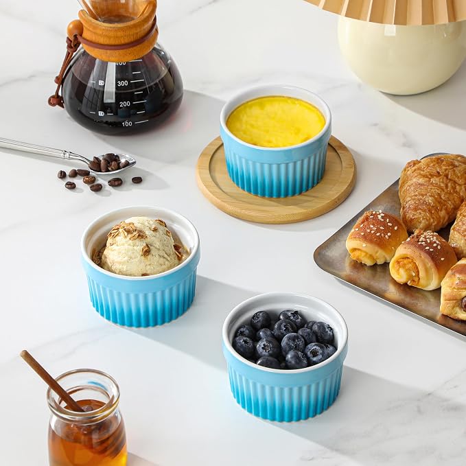 MALACASA Ramekins 6 oz Oven Safe, Small Ceramic Souffle Dishes for Creme Brulee Souffle, Stoneware Custard Cups Ramiken for Baking, Dessert Bowls Dipping Sauce Dish Set of 6, Blue, Series RAMEKIN-DISH