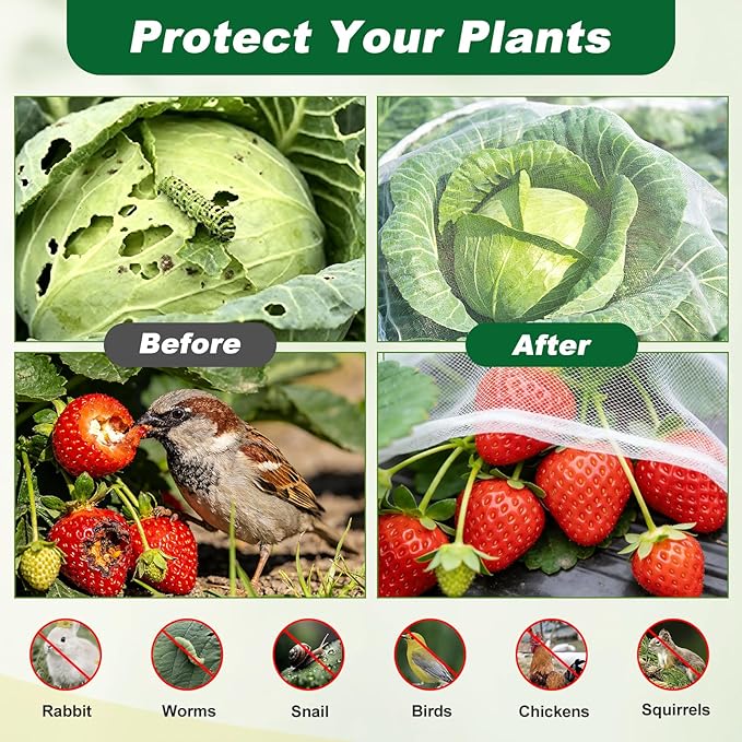 Garden Netting Kit, 10 X 50FT Garden Netting Pest Barrier with 10 Sets Garden Hoops and 20pcs Clips, Insect Netting Row Cover for Raised Beds Vegetable Fruits Flowers Protection