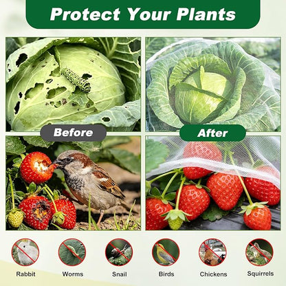 Garden Netting Kit, 10 X 50FT Garden Netting Pest Barrier with 10 Sets Garden Hoops and 20pcs Clips, Insect Netting Row Cover for Raised Beds Vegetable Fruits Flowers Protection