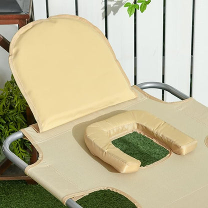 Outsunny Chaise Lounge Chair Outdoor with Face Arm Hole, 5-Position Reclining Face Down Tanning Chair with Carry Strap, Side Pocket, Portable Folding Bed Cot for Patio Beach Pool, Beige