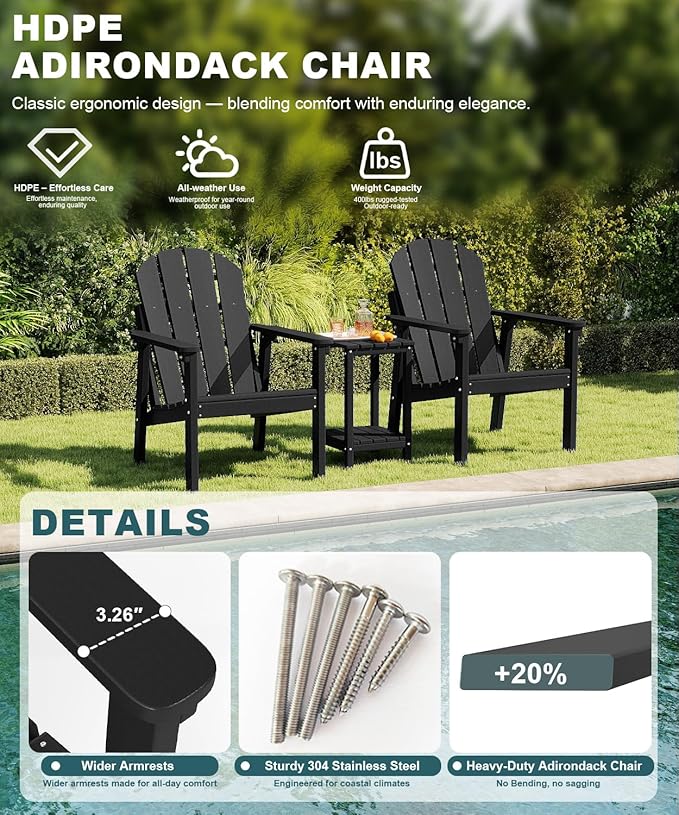 Adirondack Chair Set of 4, All Weather HDPE Fire Pit Chairs, Oversized Plastic Adirondack Chair for Outdoor, Balcony, Deck, Backyard, Patio, Garden, Poolside, Lawn Black