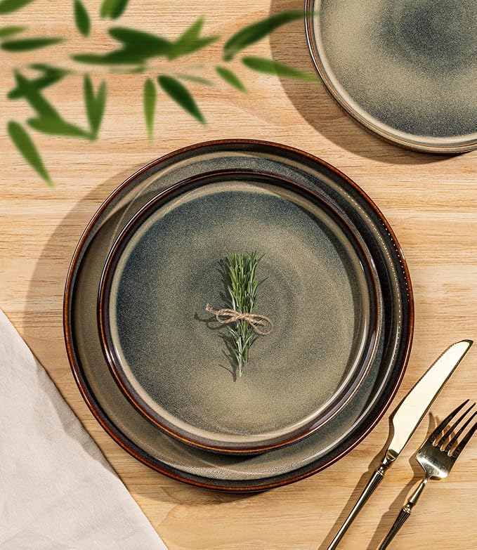 TheTerra Ceramic Dinnerware Sets for 4, 12 Pieces Porcelain Lightweight Plates and Bowls Sets, Scratch Resistant Dish Set, Oven & Microwave & Dishwasher Safe, Brown