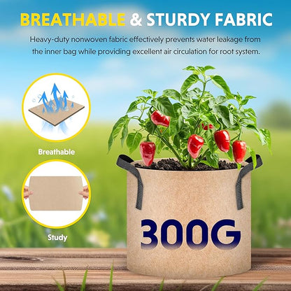 iPower 5-Pack 1 Gallon Plant Grow Bags Thickened Nonwoven Aeration Fabric Pots Heavy Duty Durable Container, Strap Handles for Garden, Tan