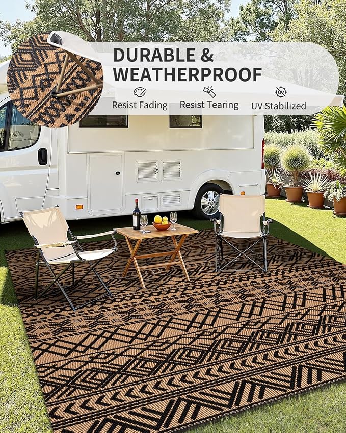 MontVoo Outdoor Rug Carpet Waterproof 9x12 Outdoor Patio Rug Mat Reverisble Plastic Straw Outdoor Rug for RV Camping Picnic Beach Balcony Boho Black Brown Large