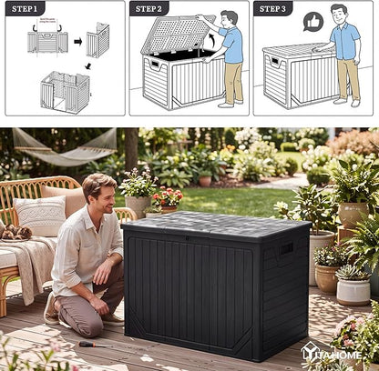 YITAHOME 230 Gallon Extra Large Outdoor Storage Box, Waterproof Double-Wall Deck Box with Hydraulic Piston for Garden Tools, Pool Accessories & Cushions, Resin Deck Organizer with Bench Seat(Black)