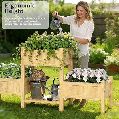 Extra Large Wooden Raised Garden Bed with Legs & Storage Shelf 3 Tier Outdoor Elevated Planter Box for Patios/Herbs/Flowers/Vegetables, Easy Assembly, Natural