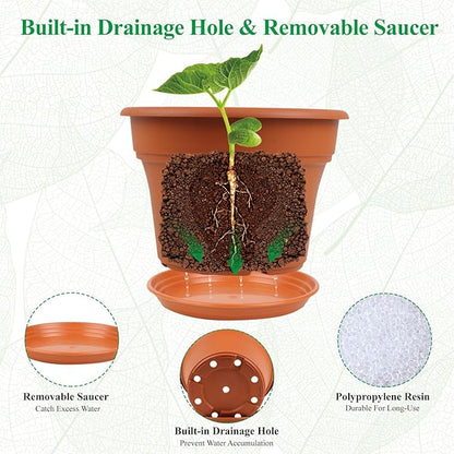 Pottiffe 11 Inch Plastic-Flower-Pot-for-Indoor-Plants, 4 Pack Large Outdoor Planter Pot with Drainage Holes & Saucers, Resin Decorative Garden Pots Planters