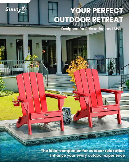Folding Adirondack Chair 2 Pack, HDPE All-Weather Fire Pit Chairs, Plastic Adirondack Chairs with 2 Cup Holder, Outdoor Lawn Chair for Patio Garden (Red)