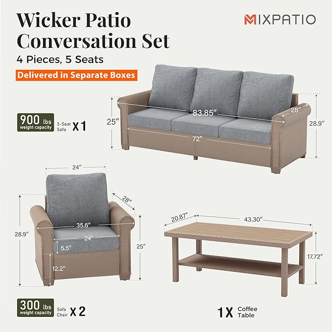 Patio Furniture Set 4 pcs, Wicker Outdoor Patio Furniture, 3-Seat Sofa, 2 Single Sofa and Coffee Table, Rattan Patio Conversation Set for Backyard Deck, Grey