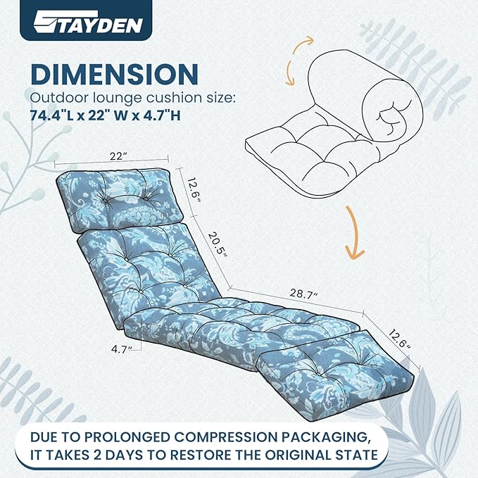 Outdoor Lounge Chair Cushions, Chaise Lounge Chair Cushions Replacement for Patio Furniture with Ties Waterproof Fabric Pool Chasie Cushion 74.4 x 22 x 4.7 Inches Damascus