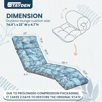 Outdoor Lounge Chair Cushions, Chaise Lounge Chair Cushions Replacement for Patio Furniture with Ties Waterproof Fabric Pool Chasie Cushion 74.4 x 22 x 4.7 Inches Damascus
