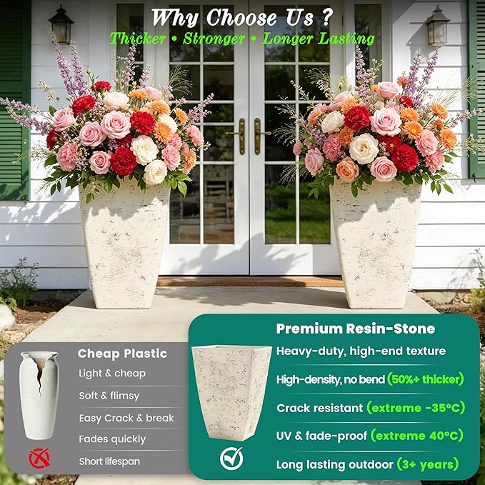 19" H Country White Square Planters for Outdoor Plants, Set of 2 Large Flower Pot with Drainage Hole, Weather-Resistant for Porch,Garden, Patio or Indoor Use