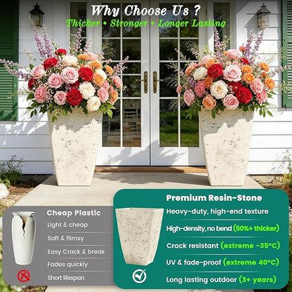 19" H Country White Square Planters for Outdoor Plants, Set of 2 Large Flower Pot with Drainage Hole, Weather-Resistant for Porch,Garden, Patio or Indoor Use