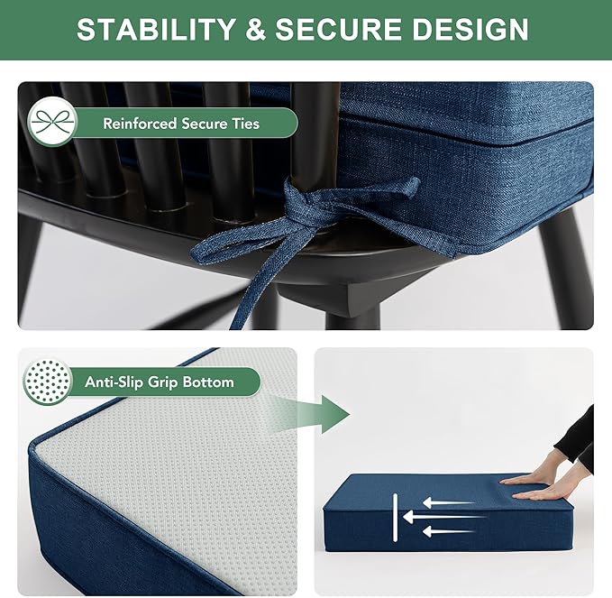 Summsun Outdoor Chair Cushions, Faux Linen Backrest and Deep Seat Cushion Set for Patio Furniture with Weather Resistant Removable Cover, Ties, Non-Slip Bottom, 24 x 24 Inch, Navy