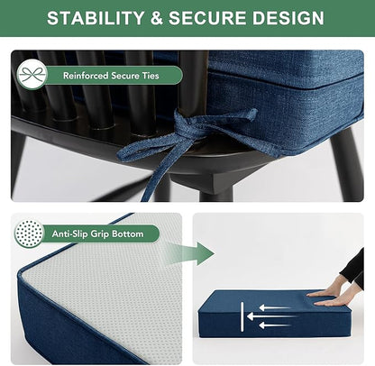 Summsun Outdoor Chair Cushions, Faux Linen Backrest and Deep Seat Cushion Set for Patio Furniture with Weather Resistant Removable Cover, Ties, Non-Slip Bottom, 24 x 24 Inch, Navy, Set of 4