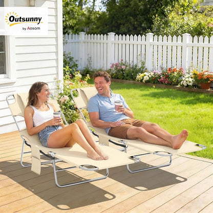 Outsunny Chaise Lounge Chair Outdoor Set of 2 w/Face Arm Hole Beige | 5-Position Reclining, Face Down, Carry Strap, Side Pocket, Portable, Folding Tanning Bed Cot, for Patio Beach Pool