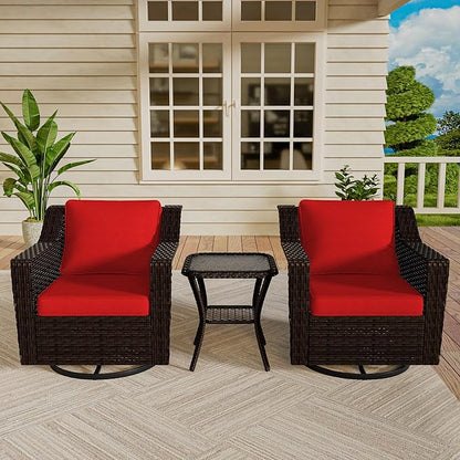 VistaVibe 3 Pieces Outdoor Patio Conversation Furniture Set - 360 Degree Swivel Glider Rocker Chairs | Wicker End Table, Washable Cushions, Hand-Woven PE Rattan, Lawn, Sunroom (Brown/Red)