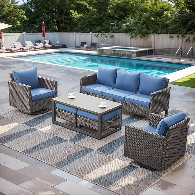 Rilyson Wicker Outdoor Couch Patio Sofa - 3 Seater Rattan Outdoor Patio Couch with Waterproof Wicker,Comfortable Cushions and Sturdy Metal Frame for Outside Porch Deck Backyard Garden(Brown/Blue)