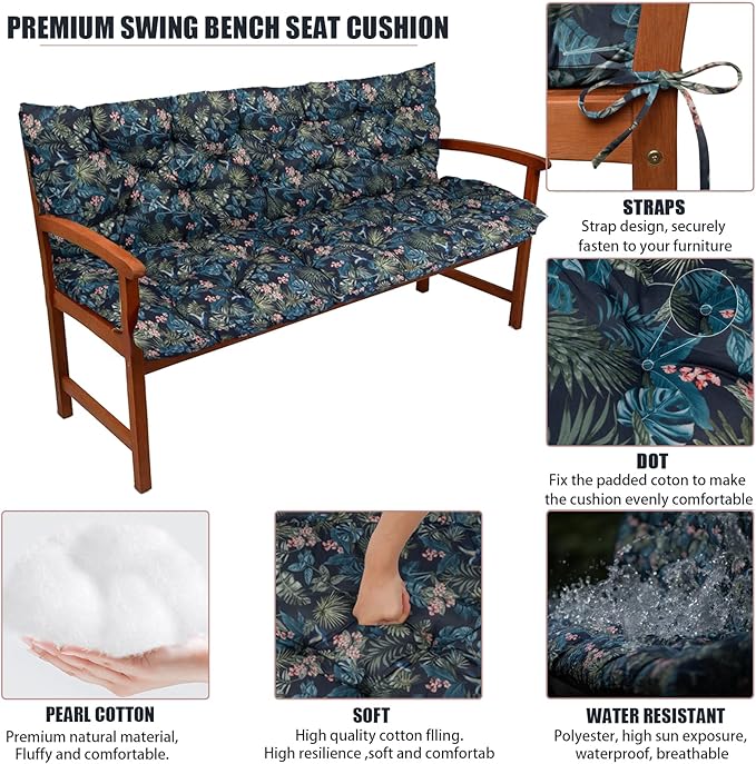 Swing Replacement Seat Cushions, 2-3 Seater Bench Cushions for Outdoor Furnitur with Backrest, Garden Recliner Seat Cushions Waterproof Sofa Pads (Leaves+Flower Pattern, 60x40in)