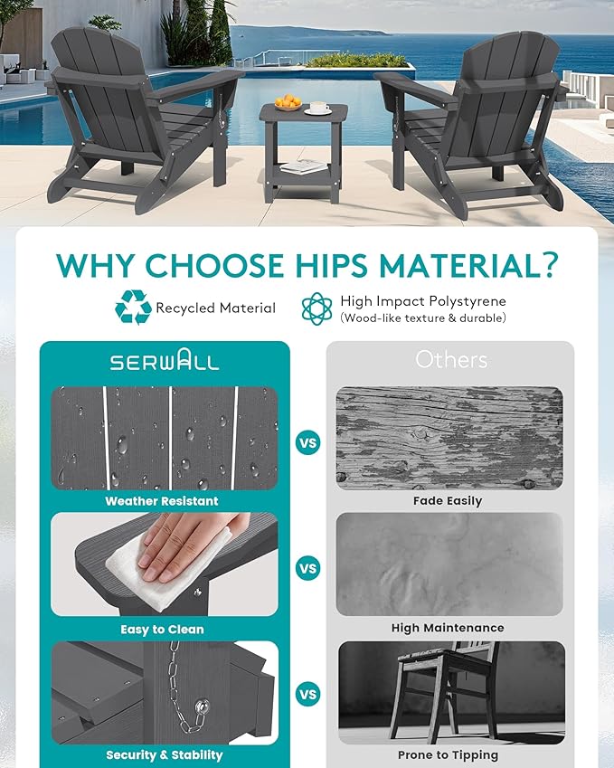 SERWALL Folding Adirondack Chair for Patio Garden Outdoors Fire Pit- (Folding Gray)