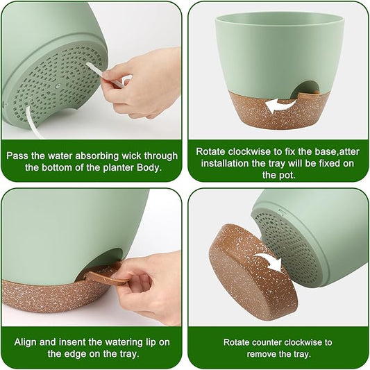 QRRICA Plant Pots 10/9/8/7.5/7 Inch Self Watering Pots, Set of 5 Plastic Planters with Drainage Holes and Saucers,Plastic Flower Pots,Nursery Planting Pot for Indoor Out Door Plants（Green）