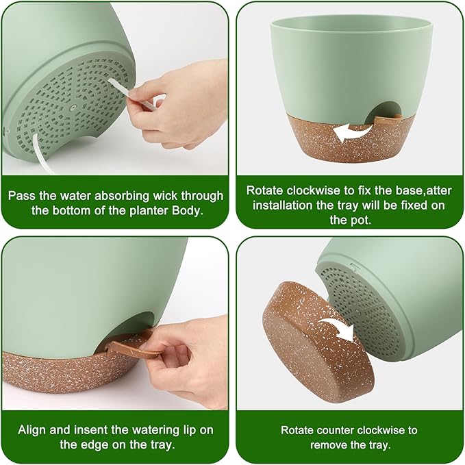 QRRICA Plant Pots 10/9/8 Inch Self Watering Pots, Set of 3 Plastic Planters with Drainage Holes and Saucers,Plastic Flower Pots,Nursery Planting Pot for Indoor Out Door Plants（Green）
