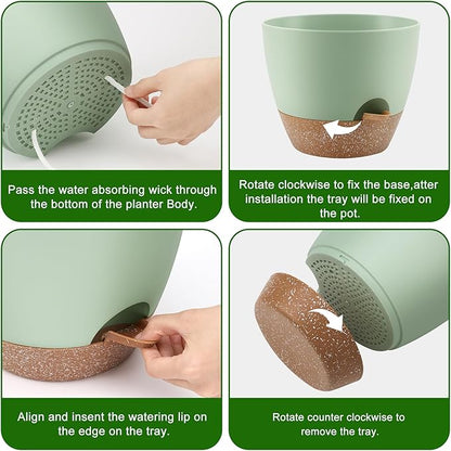 QRRICA Plant Pots 10/9/8 Inch Self Watering Pots, Set of 3 Plastic Planters with Drainage Holes and Saucers,Plastic Flower Pots,Nursery Planting Pot for Indoor Out Door Plants（Green）