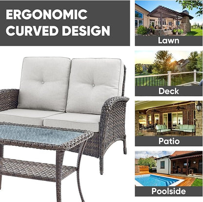HUMMUH Outdoor Loveseat Sofa 2-Seat PE Wicker Outdoor Couch with Coffee Table, Deep Seat High Back Patio Furniture for Patio, Garden, Porch, Deck (Beige)