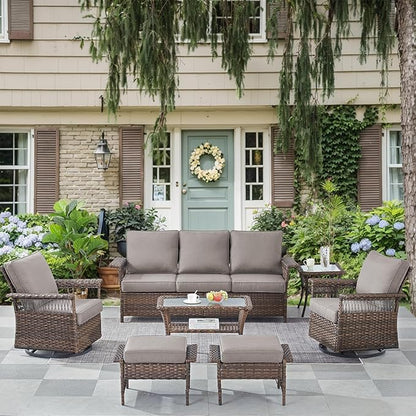 Patio Furniture Set Wicker Swivel Glider Chairs PE Rattan Sofa Ottomans with Grey Cushions Patio Coffee Table and Side Table Brown Wicker Patio Conversation Set 7pcs for Patio