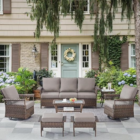 Patio Furniture Set Wicker Swivel Glider Chairs PE Rattan Sofa Ottomans with Grey Cushions Patio Coffee Table and Side Table Brown Wicker Patio Conversation Set 7pcs for Patio