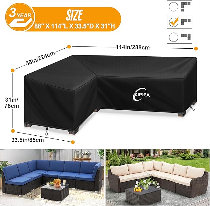 Kipiea Patio L-Shaped Sectional Sofa Cover, Heavy-Duty 420D Oxford Fabric Outdoor Sectional Cover with 6 Windproof Buckles, Anti UV No Tears, No Fading (Left Facing, 88" x 114" L x 33.5" D x 31" H)