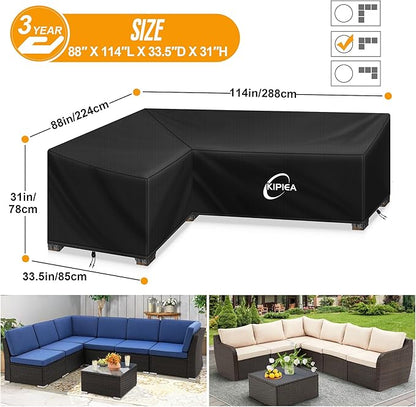 Kipiea Patio L-Shaped Sectional Sofa Cover, Heavy-Duty 420D Oxford Fabric Outdoor Sectional Cover with 6 Windproof Buckles, Anti UV No Tears, No Fading (Left Facing, 88" x 114" L x 33.5" D x 31" H)