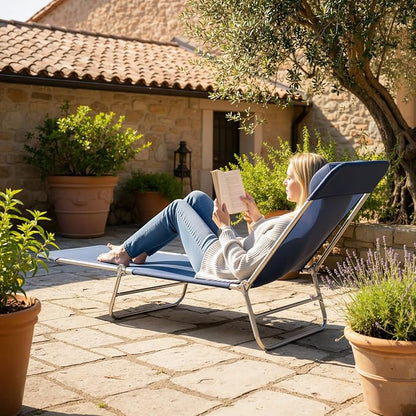 Outsunny Folding Chaise Lounge Chair, Pool Sun Tanning Chair, Outdoor Lounge Chair with Reclining Back, Breathable Mesh Seat, Headrest for Beach, Yard, Patio, Dark Blue