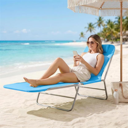 Outsunny Folding Chaise Lounge Outdoor Sun Tanning Chair w/Pillow, Blue | Reclining Back, Steel Frame, Breathable Mesh, Beach, Yard, Patio, Pool