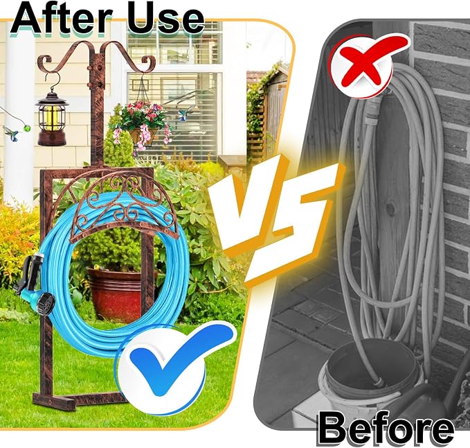 Garden Hose Holder Hanger Freestanding, Upgraded 4 Spikes Heavy Duty Storage Reel Stand with Shepherds Hooks, Holds 150ft Hose for Outside Garden Yard Lawn vegetable patch(Vintage Bronze)