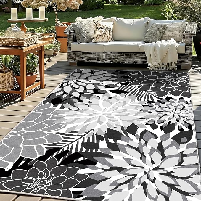 ZonLi Colorful Outdoor Rug 8x10Ft Waterproof Multicolored Indoor Area Rug Washable Outdoor Patio Rugs Tropical Floral Non Slip Outdoor Carpet for Living Room, Pool,Backyard,Deck,Camping