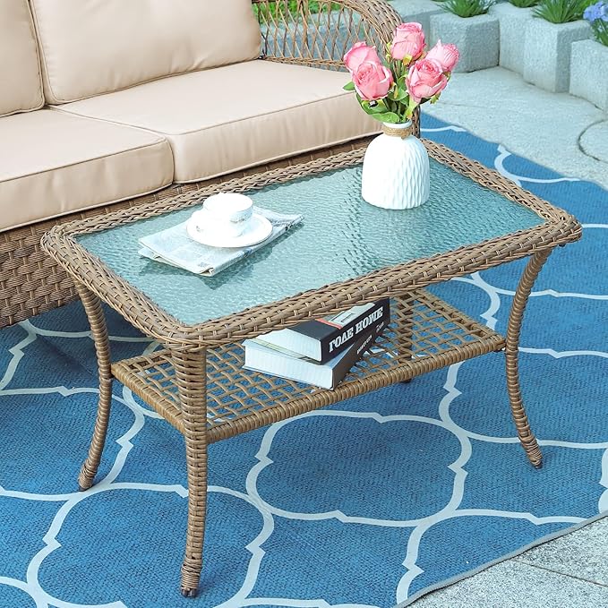 MEETWARM Wicker Patio Coffee Table, 34.5" Rectangle Outdoor Coffee Table with Tempered Glass Top and 2-Tier Storage Shelf, All-Weather Rattan Patio Side Table for Outside Poolside Deck Garden, Brown