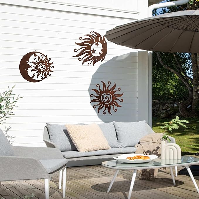 VividLadybug Sun Moon Wall Hanging, Wall Sculpture, Metal Wall Art Indoor/Outdoor Decor Rust Colored Rust Proof Wall Sculpture - Ideal for Bedrooms, Gardens, Homes, Patios and Farmhouses, Set of 3