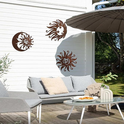 VividLadybug Sun Moon Wall Hanging, Wall Sculpture, Metal Wall Art Indoor/Outdoor Decor Rust Colored Rust Proof Wall Sculpture - Ideal for Bedrooms, Gardens, Homes, Patios and Farmhouses, Set of 3
