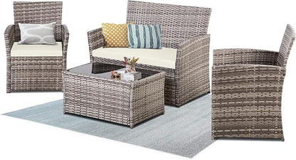 4 Piece Patio Furniture Set, Outdoor Wicker Conversation Set, Rattan Sectional Sofa Couch with Glass Coffee Table & Thick Cushion for Backyard, Porch, Garden, Poolside, Grey/Beige