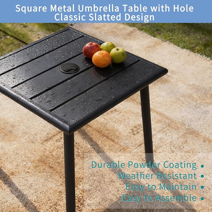 Small Metal Outdoor Side Table with Umbrella Hole Set of 2, Sqaure Patio Coffee Bistro Table End Table, Umbrella Table with Hole for Poolside Yard Porch Deck Balcony,19.7x19.7 inches, Black