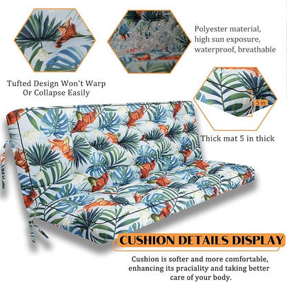 Swing Replacement Seat Cushions, 2-3 Seater Bench Cushions for Outdoor Furnitur with Backrest, Garden Recliner Seat Cushions Waterproof Sofa Pads (Flower Pattern, 63x40in)